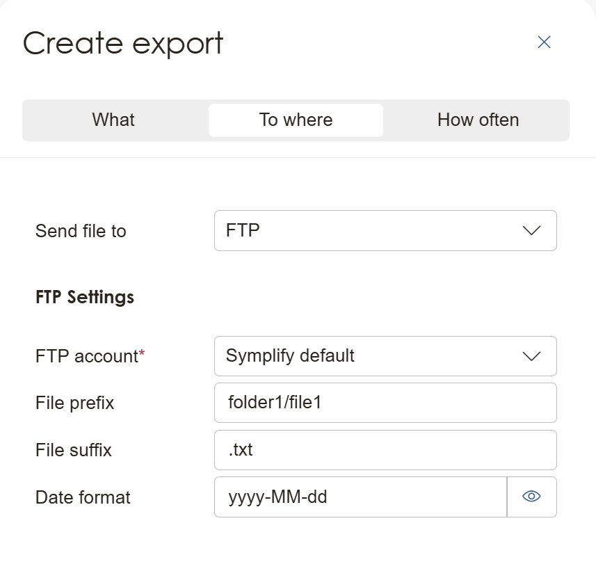 FTP Settings for a scheduled export with File prefix folder1/file1, File suffix .txt and Date format yyyy-MM-dd