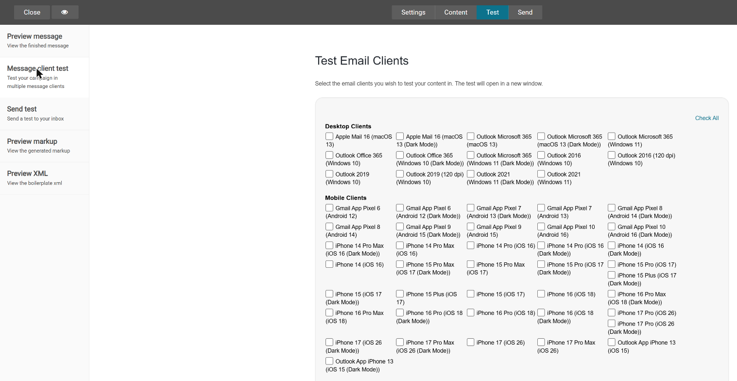 The Test Email Clients page with desktop and mobile email clients to choose from