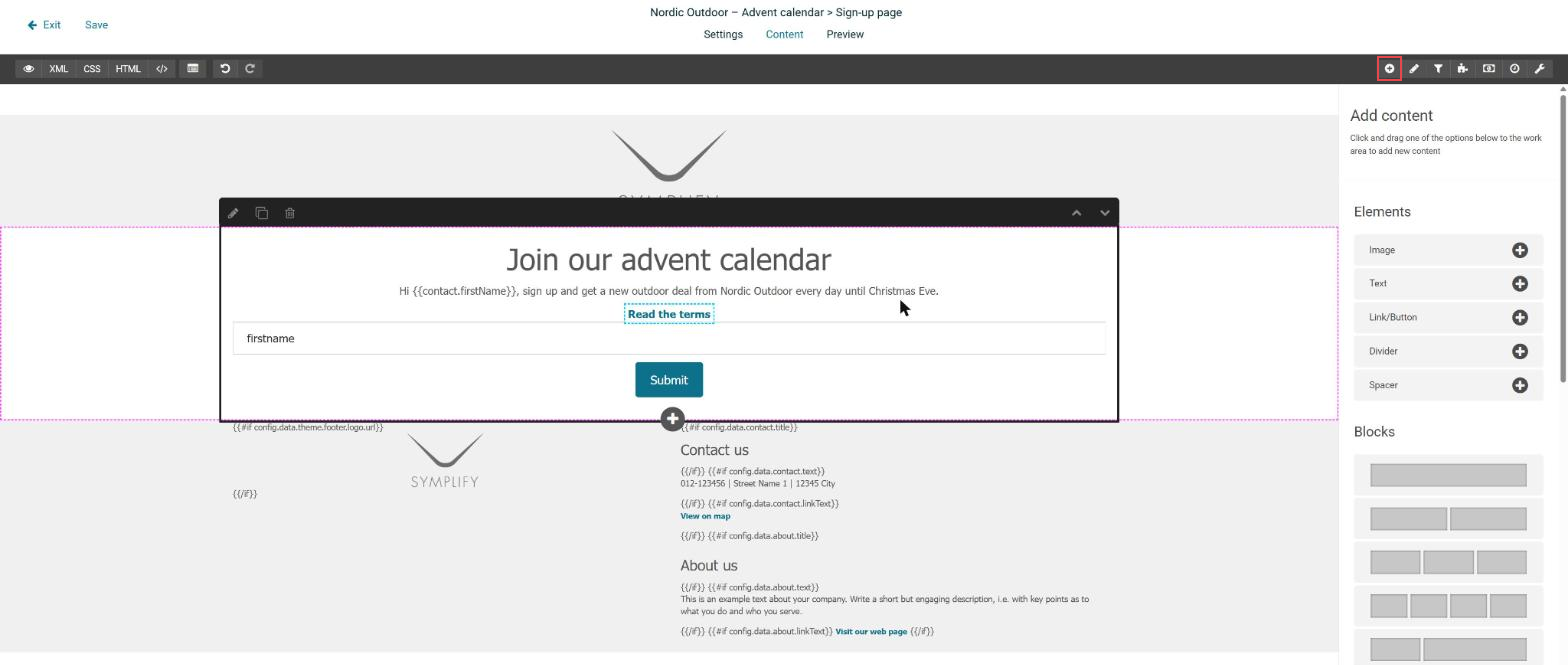 The Dynamic web editor with a selected block and the Add content panel