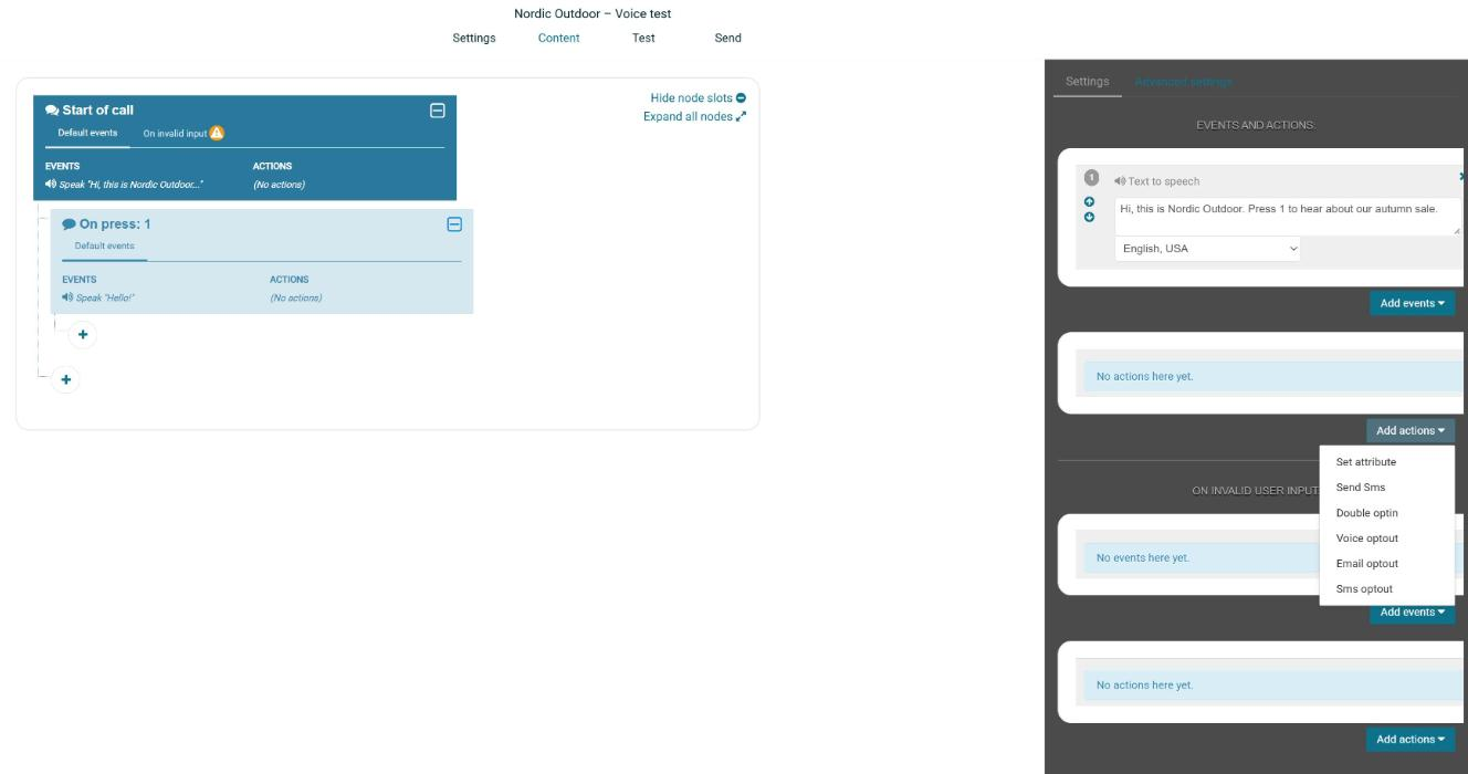A voice call with the Start of call node and an On press: 1 node, and the inspector with a text-to-speech event and the Add actions menu