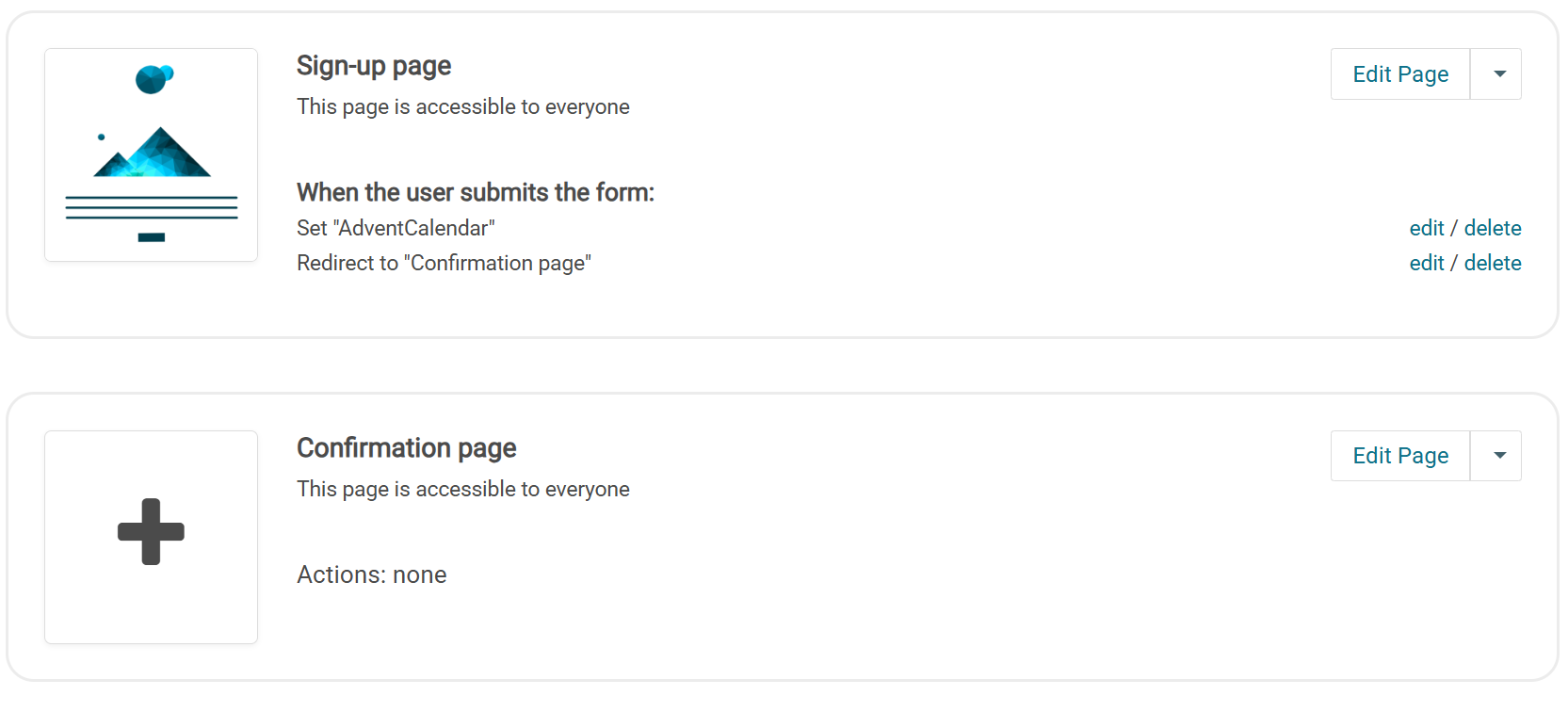 The Dynamic web overview with two actions on the sign-up page: Set AdventCalendar and Redirect to Confirmation page
