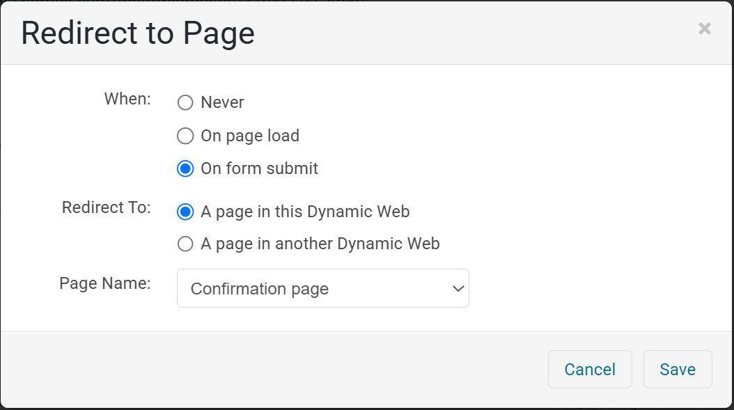 The Redirect to Page dialog with On form submit and Confirmation page selected