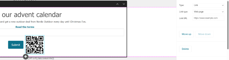 A QR code element with Type Link and Link type Web page in the inspector