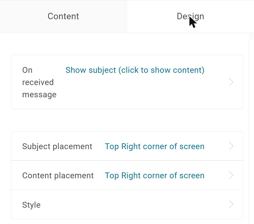 The Design tab with On received message, Subject placement, Content placement and Style