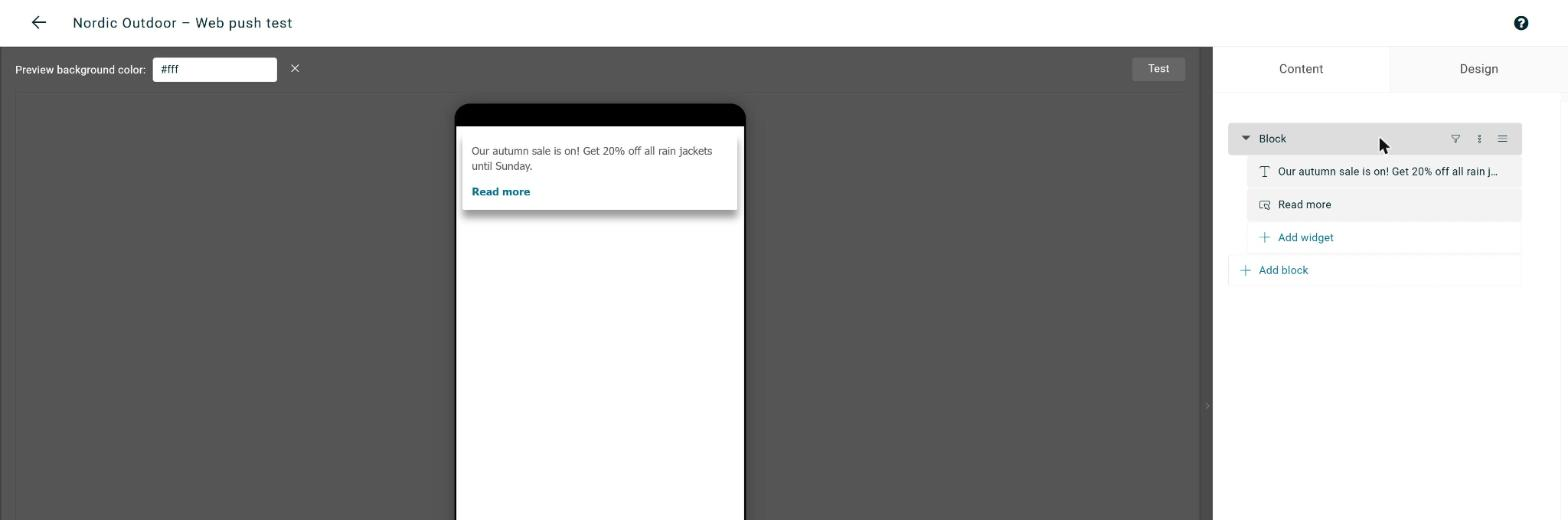 The web push editor with a block that holds a text widget and a Read more link, and the preview on the left