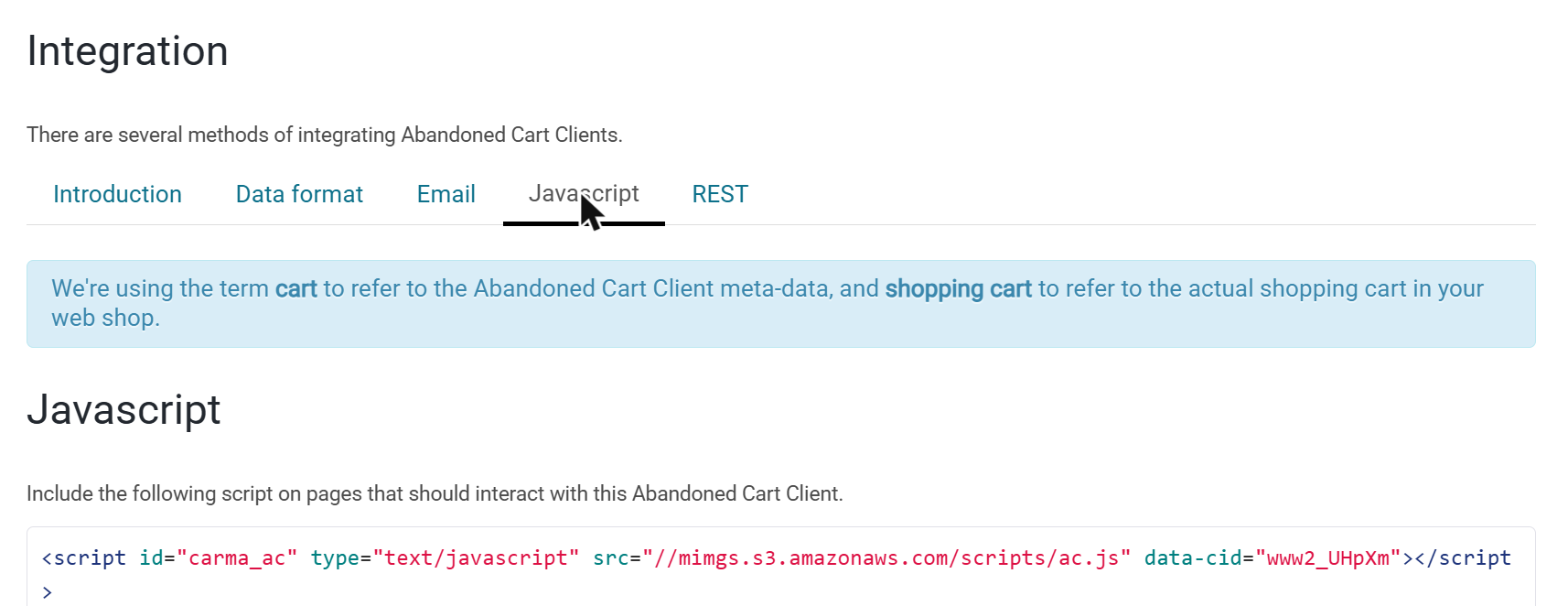 The Integration tab of an abandoned cart client, with the Javascript sub-tab and the script tag