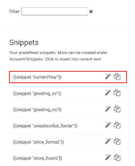 The Snippets list in the email editor with the currentYear snippet highlighted