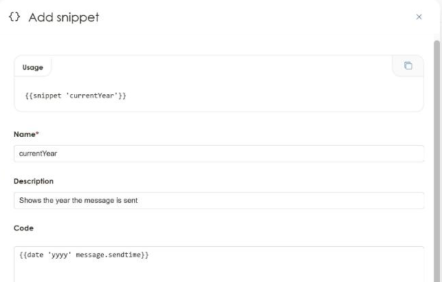 The Add snippet panel filled in with the currentYear snippet