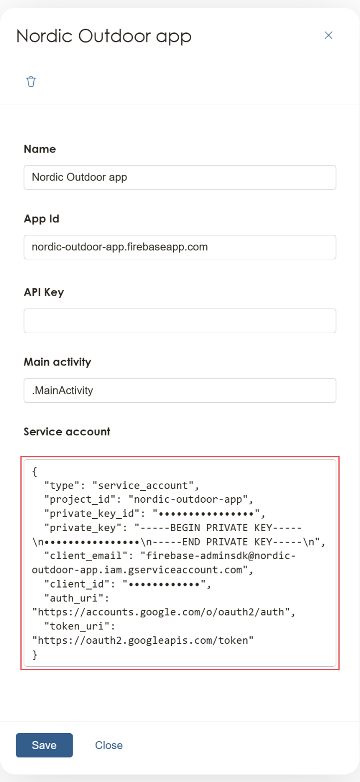 The App Push edit panel with the Service account field highlighted